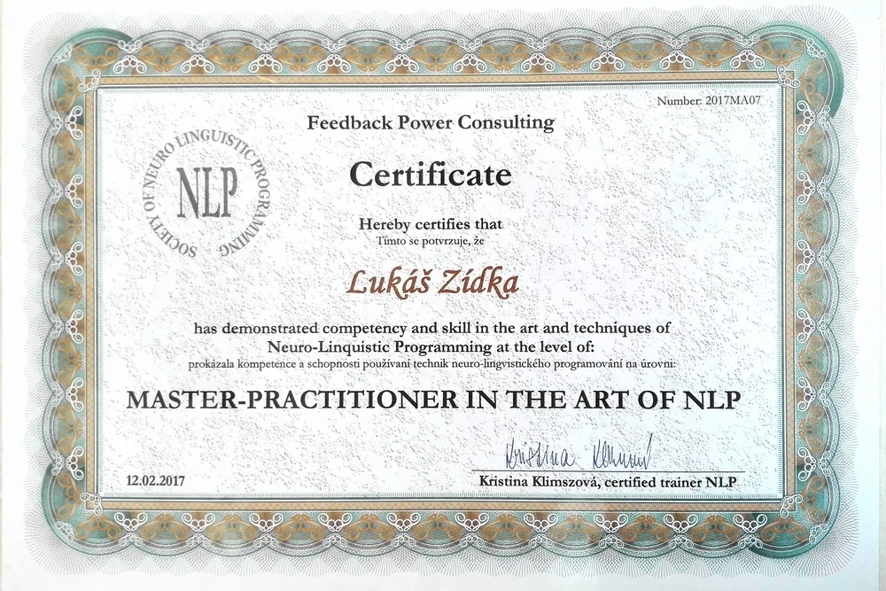 Certifikace NLP Master Practitioner - Kristina Klimszova Certifikace NLP Master Practitioner - Kristina Klimszova