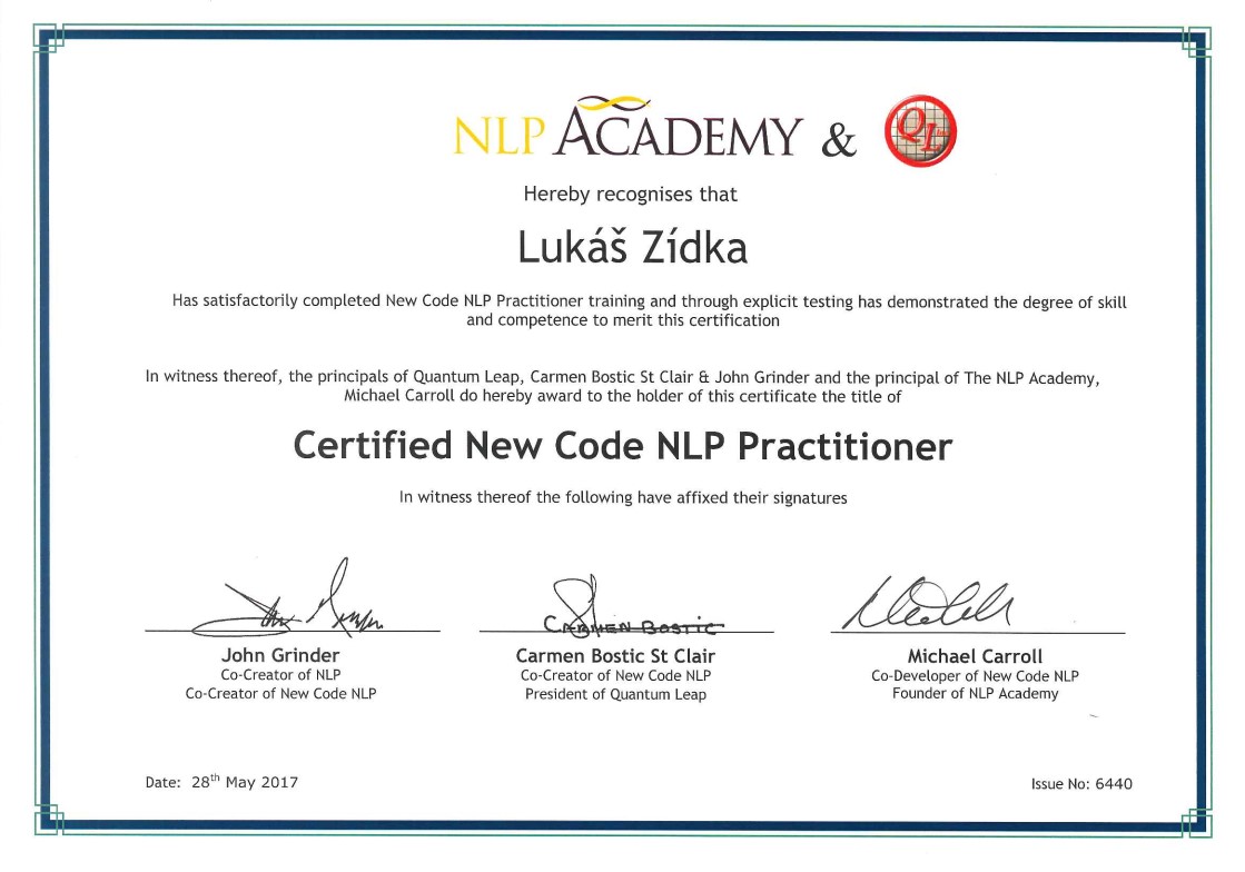 Certificace NLP Master practitioner a New Code NLP Practitioner - John Grinder a Carmen Bolstic Certificace NLP Master practitioner a New Code NLP Practitioner - John Grinder a Carmen Bolstic