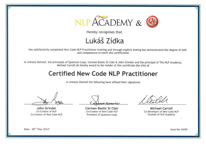 Certifikát NLP Master Practitioner a New Code NLP Practitioner od Johna Grindera a Carmen Bostic